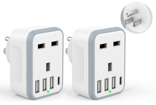 Loydia UK to US Plug Adaptor, 2 pack USA Travel Adapter with 3 USB &1 USB C Ports, 5 in 1 US Plug Adapter from UK to USA, Canada, Thailand, Mexico, Colombia (Type B)