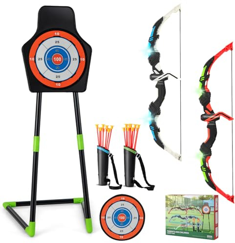 GYMAX 2 Pack Bow and Arrow Set for Kids, LED Light Up Archery Toy Set with 20 Suction Cup Arrows, 2 Quivers, Standing/Hanging Target, Outdoor Toys Gifts for Boys Girls Aged 3+