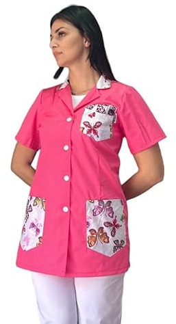 tessile astorino Camice da Lavoro Donna per Maestra Asilo Scuola Materna Fucsia Butterfly Divisa Personalizzata con Nome per Imprese di Pulizia Alimentari Macelleria (XS)