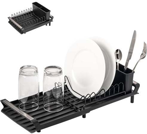 eluno Geschirr-Abtropfgestell für 8 Teller & Besteck, ausziehbar 28-46,5 cm, Abtropfständer mit Besteckhalter/Utensilienhalter, angeschrägt, schwarz