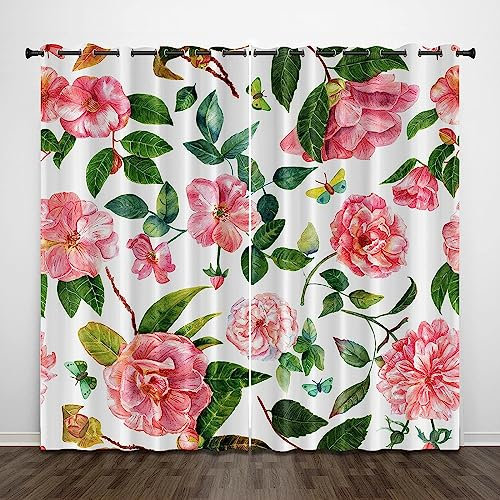 Blackout Curtains For Kids Bedroom, Pink Plant Rose 3D Patterned Blackout Curtains 2 Panels Thermal Insulated Noise Reduce Soft Blackout Curtain For