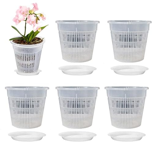 Sharharge 5Pcs Clear Orchid Pots with Holes, Breathable Plant Flower Pots with Bases,Plastic Flower Plant Pots Nursery Pots for Orchids, Succulents, Houseplants (14CM)