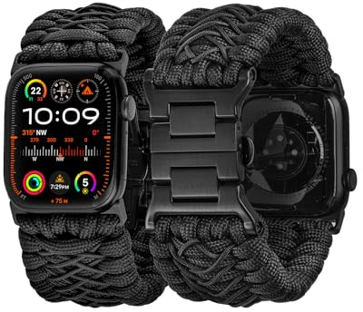 Tefeca Titan Series Paracord Band Compatible with Apple Watch Ultra 2/Ultra 49mm, Series 10 46mm, Series 9/8/7 45mm, SE2/SE/6/5/4 44mm, and Series 3/2/1 42mm (Schwarz, M/L für 49/46/45/44/42mm)