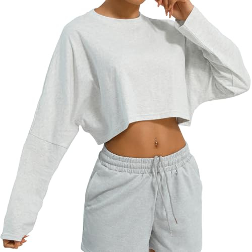 SEAUR Maglietta sportiva a maniche lunghe da donna, senza pancia, in cotone, per fitness, palestra, cropped, grigio., M