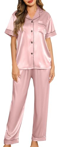 Lovasy Satin pyjamas för kvinnor, lång kortärmad pyjamas-set med knappar, v-ringad, pyjamas-set, hemmadräkt för kvinnor, tvådelad, Ljusrosa, L
