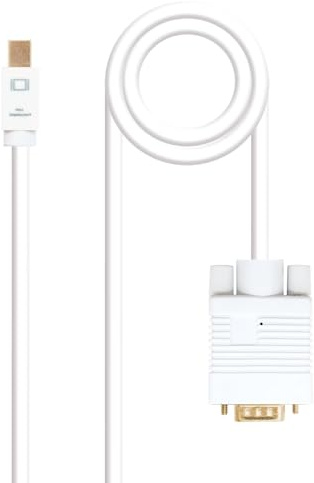 Câble convertisseur Mini DisplayPort vers VGA, mâle vers mâle, blanc, d'une longueur de 2 mètres, idéal pour connecter des appareils avec sortie Mini DP à des écrans avec entrée VGA.