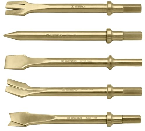 WEDO Lot de 5 burins pneumatiques anti-étincelles, largeur de la pointe 20 mm, longueur 175 mm, tige hexagonale de 10 mm, bronze aluminium, variété de forets pneumatiques pour de multiples