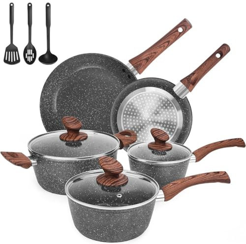 Ultra Nonstick Granite Pots and Pans Set 11 Piece Cookware Set with Frying Pan Sauce Pan Stockpot Die Cast Scratch Resistant Ideal for Home Cooking and Everyday Use.