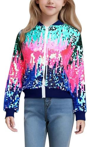 Generisch Pailletten Jacke Kinder Mädchen Glitzer Bomberjacke Langarm Glänzend Baseball Jacke Jungen Lässig Leichte Blouson Jacke Fasching Kinderkostüm Karneval Rave Party Glitzerjacke Freizeitjacke