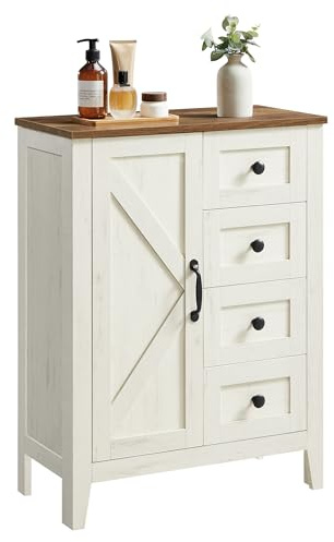 VASAGLE LIRY Kollektion - Aufbewahrungsschrank, Badezimmerschrank im Landhausstil, mit 4 Schubladen, Tür, freistehender Schrank, verstellbare Ablagen, vintageweiß BBK753W01
