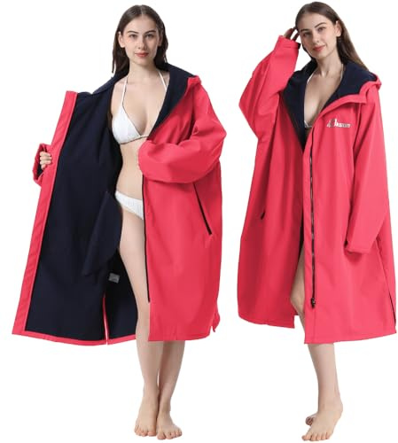 Oksun Oversized Waterproof Swim Parka: Windproof Warm Swimming Coat - Water Resistant Jacket - Thin Fleece Lined Surf Poncho (L-XL, Pink)