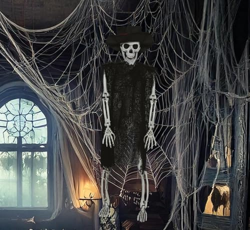 FIESTAS GUIRCA | Skelett mit Hut Hängedekoration (47 cm) - Gruselige Halloween Dekoration zum Aufhängen für Partys oder im Spukhaus - Horror Skelett Hängefigur Schwarz