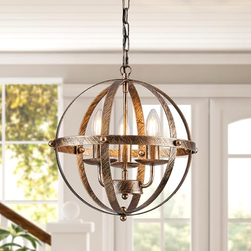 Ganeed Lámpara colgante Globo industrial Iluminación de granja Lámpara de araña vintage Accesorio de techo colgante esférico para cocina Mesa de comedor con isla E14 Bronce 3 Luz