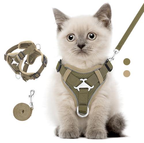 VavoPaw Ensemble Harnais et Laisse pour Chats,Chatons,Chiots,Marche | Harnais réglable pour chaton avec bande réfléchissante, maille respirante, anti-évasion, doux, sécurité ( Kaki,S)