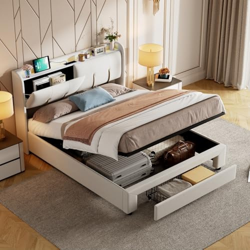 Teahutty Bett 160x200 cm mit Bettkasten, Hydraulisches Bett mit LED, USB-C und Schubladen, Polsterbett Bettgestell kopfteil mit Stauraum, Jugendbett mit Lattenrost, Beige + Samt (Beige, 160 x 200 cm)
