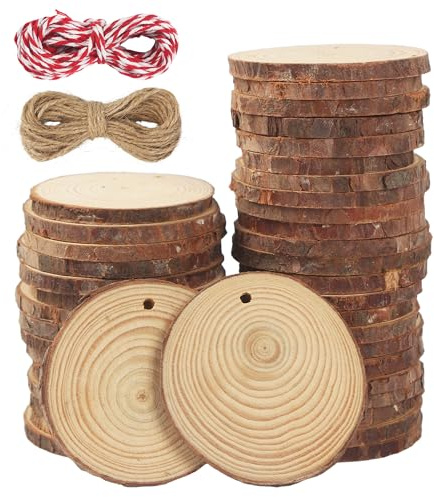 Dischi Legno Grezzo 7-8 cm,40 Pezzi Dischetti Legno con fori,Fette di legno naturale con 2 fili di cotone,Perfetto per fai da te,artigianato,matrimoni,decorazioni natalizie