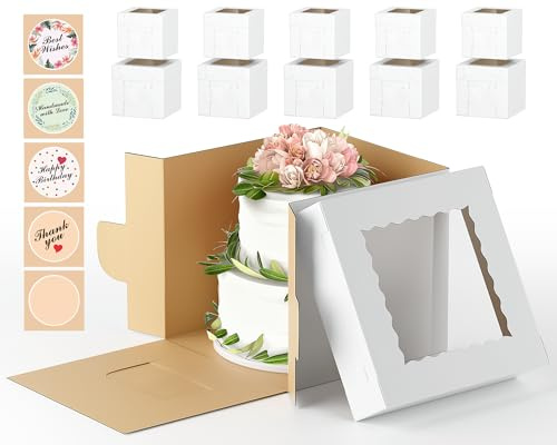KLYZOXO 25×25×25cm Tortenkarton aus Wellpappe, 10 Stück, dicke weiße Tortentransportbox mit Fenster, Tortenschachtel, kuchenkarton, Kuchen Transportbox für hohe Geburtstags-/ Hochzeitstorten