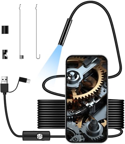 VIVIDRISE Camera Endoscopique HD avec 6 Lumières, 3 en 1 Endoscopique d'inspection IP67, Endoscope Industriel Caméra D'inspection Endoscopique Serpent pour Smartphone Android(5M)