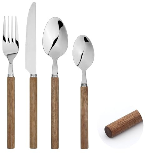 Cutlery Set 24-Piece Stainless Steel Fork Spoon Set Acacia Wood Handle Bar (24)