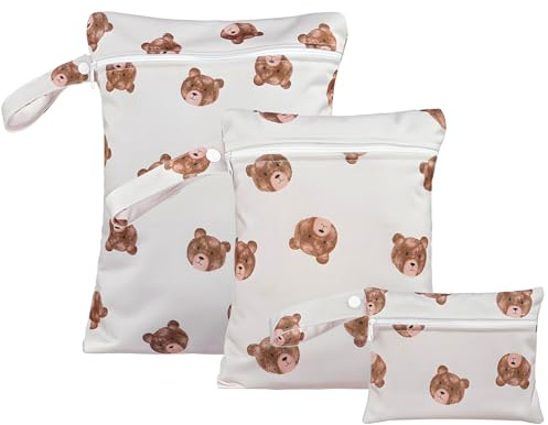 YAWYO Set di 3 borse per pannolini, fantasia orso marrone, sacchetti umidi riutilizzabili con cerniera, 3 misure per campeggio, nuoto, viaggio e spiaggia