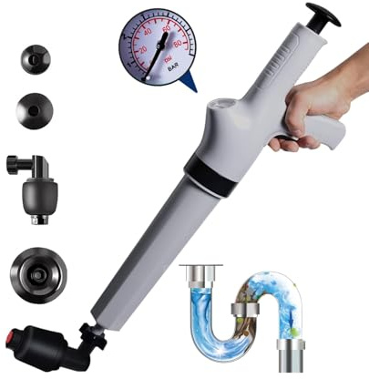 Qcesorib Pompa Stura Scarichi a Pressione con Barometro, Sturalavandino ad Aria Compressa con 4 Teste Sostituibili, Sturalavandini a Pressione, per Disintasare WC Lavello Doccia, Grigio