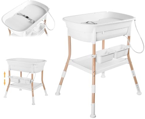 Plasaig Multifunktionaler Wickeltisch mit Badewanne, Höhenverstellbar, Anti-Überlauf-Design, mit Aufbewahrungskorb und Sicherheitsgurt, für Babys 0-24 Monate, Max. Belastung 50 kg, Weiß