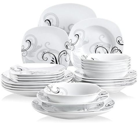 Juego de vajilla porcelana con calcomanías for cena, cuencos, platos postre, hondos y(24-PIECE)