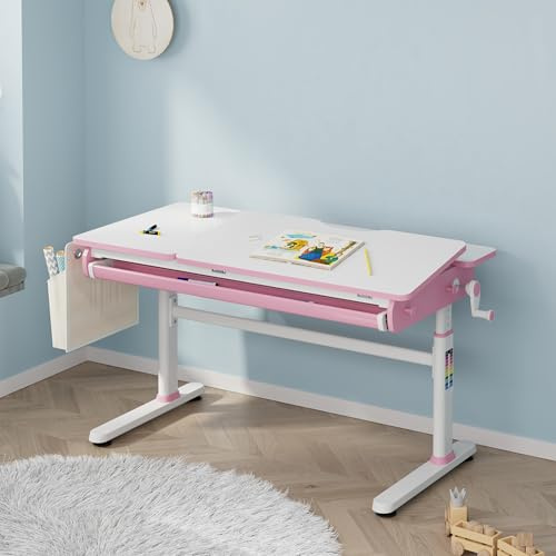 [en.casa] Höhenverstellbarer Schreibtisch für Kinder Kuosa 120 x 60 cm mit Schublade Kinderschreibtisch mitwachsend Kurbel Zeichentisch Metall Pink/Weiß