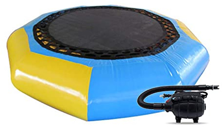 Trampolino gonfiabile ad acqua – buttafuori per esterni con gonfiatore elettrico, scala di corda, corde di ormeggio e ancoraggio per piscine e laghi