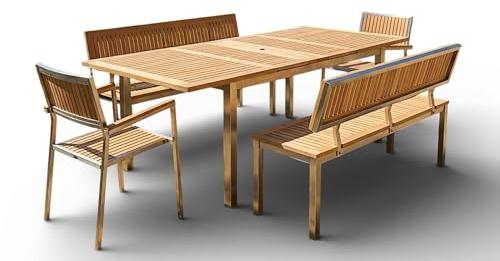 ALEOS. Gartengarnitur Edelstahl Teak Set mit Ausziehtisch 160/220 x 90 cm + 2X Gartenbank 140cm + 2 Teak Sessel A-Grade Teak Holz Serie Kuba Gastroqualität