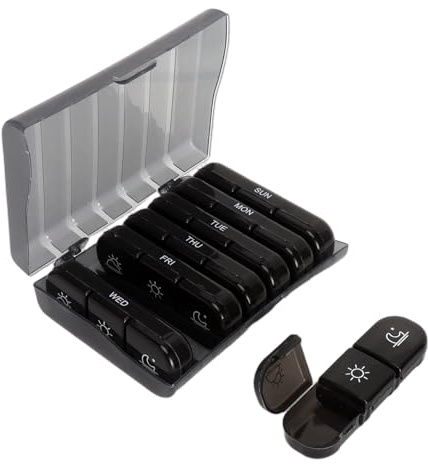 Tablettlåda 7 dagar, 3 fack per dag, svart med pincett | ABS veckobox med sju dagsbehållare och ytterhölje storlek 15,6 x 12 x 4 cm för vardag kontor och resor