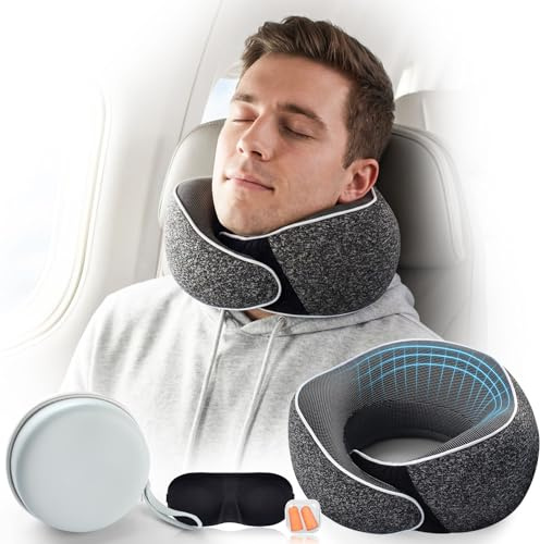 Aosun Coussin de Voyage Avion et Voiture, Oreiller de Voyage Mémoire de Forme, Tour de Cou 4 en 1 avec Masque 3D, Bouchons d’Oreilles et Étui, Coussin Cervical Compact Lavable