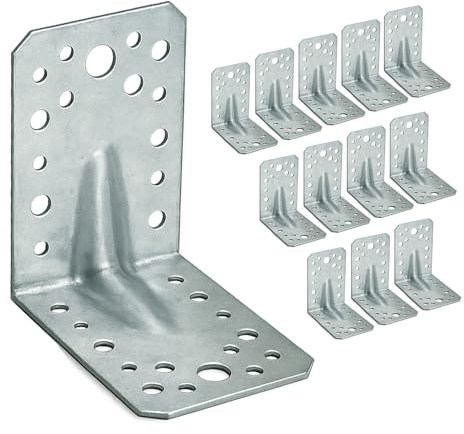 OMIDEAS 12 x Winkelverbinder mit Sicke (90 x 90 x 65 x 2.5) Lochwinkel Bauwinkel Holzverbinder Schwerlast Verbinder Winkel, Silber Verzinkt