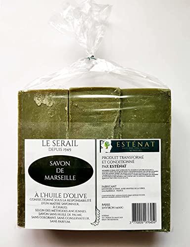 El Serail Savonnerie Marseillaise desde 1949 - Barra de jabón genuino de Marsella 1,4 Kg. Jabón crudo EXTRA PURO de aceite de OLIVA - Garantía sin aceite de palma