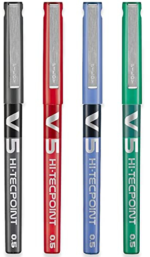 PILOT - Set di 4 V5 - Penna roller con Inchiostro liquido a punta Fine per una scrittura fluida e precisa - Asciugatura rapida, non sanguina - Nero, Blu, Rosso, Verde - Punta Fine (0,5mm)
