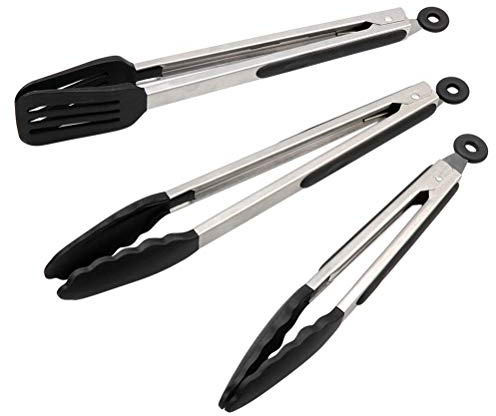 Alimat PluS Kitchen Tongs Set of 3, Cooking Tongs with Stainless Steel, Silicone Tongs for Serving, Nonstick Food Tongs(9+12+12inches)