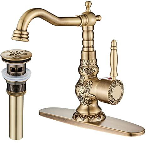 Senlesen Antique Brass Swivel Spout Bathroom Faucet Vanity Sink Mixer Tap and Pop Up Drain with Overflow