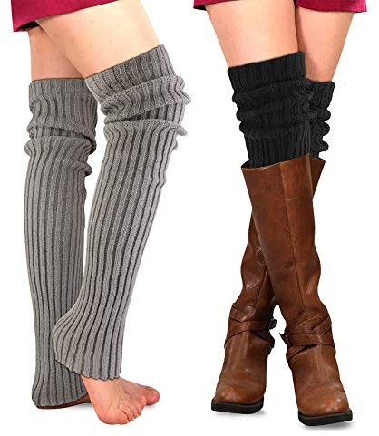 PHOGARY 2 Pares Calentadores Piernas Mujer, Calcetines de Punto para Invierno, Pata arranque de los puños Calientapiernas Largo Ganchillo Cubierta para Botas y Botines Negro/Gris
