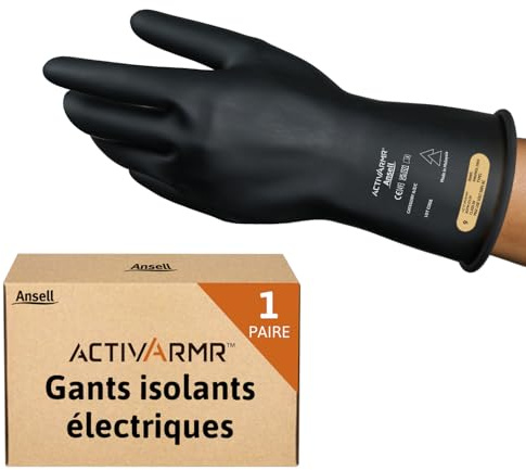 Ansell ActivArmr Guanti Dielettrici per Elettricisti, Classe 00 (Tensione fino 500V), Protezione per Lavori Elettrici, Lattice di Gomma Isolante, 28cm, Nero, Taglia M (1 Paio)