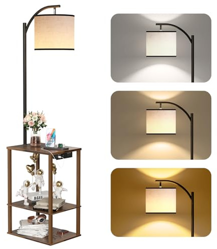 SUNMORY Floor Lamp with Table, End Table for Living Room with Lamp, Shelves Side Table with Charging Station(USB & AC Port), 3 Color Temperature LED Bulb, Modern Nightstand Lamp for Bedroom, Office