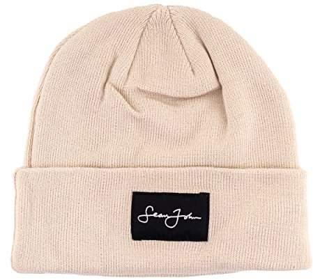 Sean John Script Logo Woven Label Strickmütze Wintermütze beige
