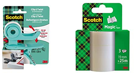 Scotch Clip & Twist Klebeband-Abroller C19, Grau + Scotch Magic Unsichtbares Klebeband & Scotch Magic Klebeband – 3 Rollen 19mm x 25m - Allzweck-Klebeband für die Reparatur, Etikettierung