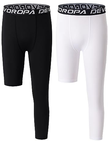 DEVOROPA Youth Boys One Leg Compression Pants for Basketball 2-Pack 3/4 Leggings Sports Tights Kids Athletic Soccer Base Layer Black/White M