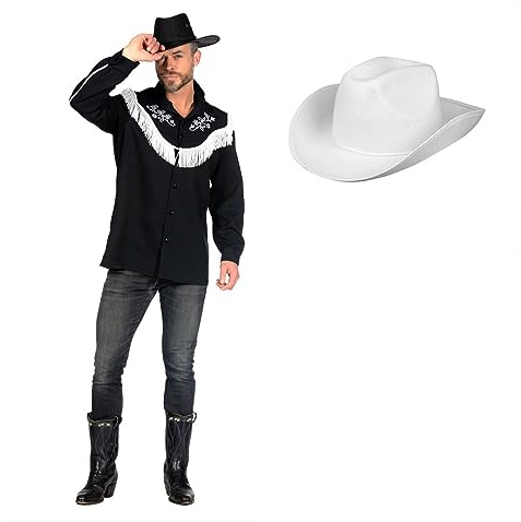 MIMIKRY 2-teiliges Country Western Herren Kostüm Rodeo Hemd Schwarz mit Cowboyhut Puppe Film, Größe:L