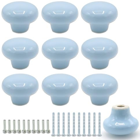 Joyangy 10Pack Ceramic Cabinet Knobs, 1.26Inch/32mm Sky Blue Round Drawer Dresser Knob Pulls Handle with Screws, for Kitchen Cupboards, Wardrobes, Children's Rooms, Bedroom Furniture & Office Desks