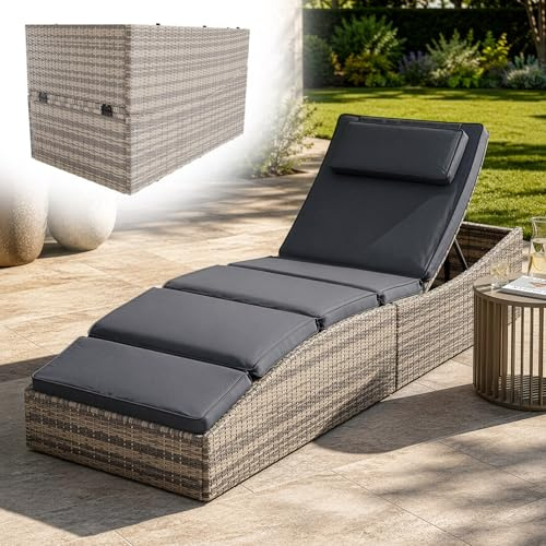 Juskys Chaise Longue Lamia Pliante de Jardin en Polyrotin - Support et Appuie-tête Réglable, Charge Maximale 160 kg - Pour Extérieur, Jardin et Balcon, Gris