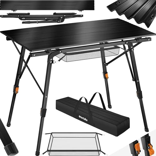 TecTake® Table Pliante de Pique Nique et Camping en Aluminium - Réglable en Hauteur pour Balcon et Brocante - Avec Sac de Transport et Filet de Rangement