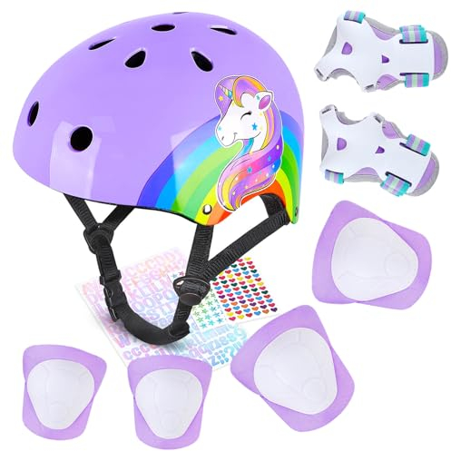 MHJY Helm Kinder Fahrradhelm für 3 4 5 6 7 8 Jahre Mädchen Verstellbar Skaterhelm Knieschoner Ellenbogenschützer Schoner Inliner Kinder Für Skates Rollschuhe Skateboard Fahrrad