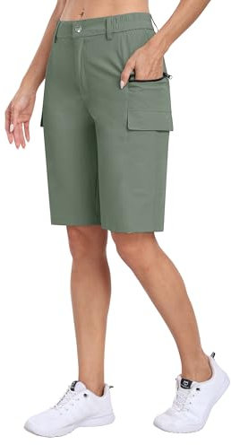 MoFiz Damen Wander Cargo Shorts Outdoor Wandershorts Kurz Leicht Atmungsaktiv Sommer Bermuda Shorts mit Reißverschlusstaschen für Trekking Graugrün L