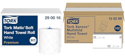 Tork Matic weiches Rollenhandtuch Premium 290016 - H1 Premium Handtuchrollen & Xpress Multifold Papierhandtücher 150299 - H2 Universal Falthandtücher für Handtuchspender - mehrfach gefaltet